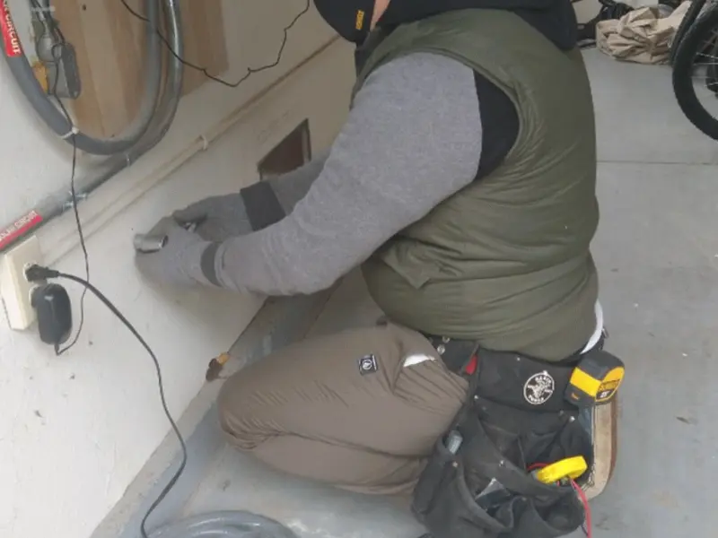 Electrician performing outlet wiring in a Belmont garage